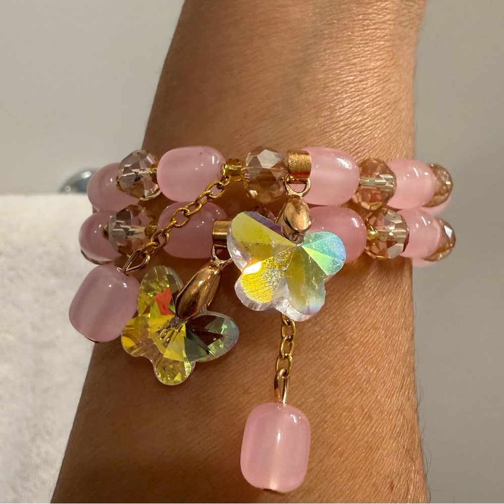 2 Elegant Pink and Gold Butterfly Bracelets